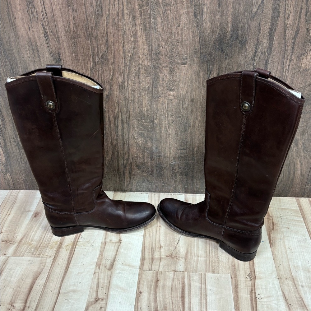 Frye Womans Melissa Button Dark Brown Leather Riding Pull-On Tall Boots Size 7 B